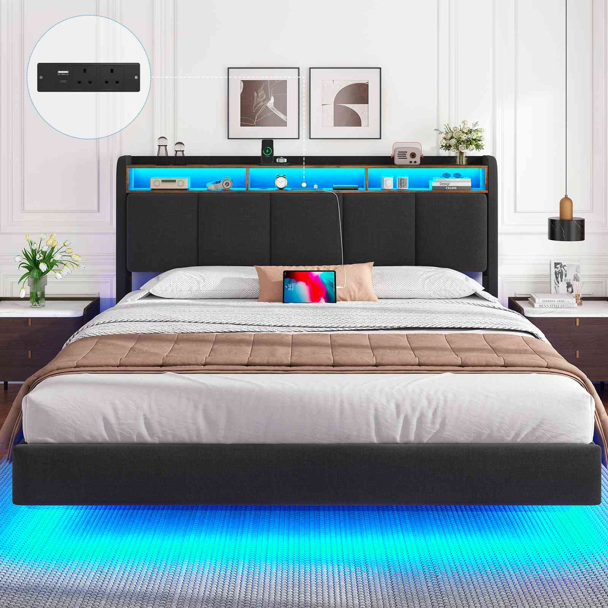 DICTAC Double Floating Bed Frame with Upholstered Storage Headboard St
